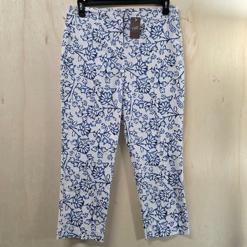 J. Jill Stretch Floral Ankle Pants Blue White Botanical Print Size 10 Tall NWT